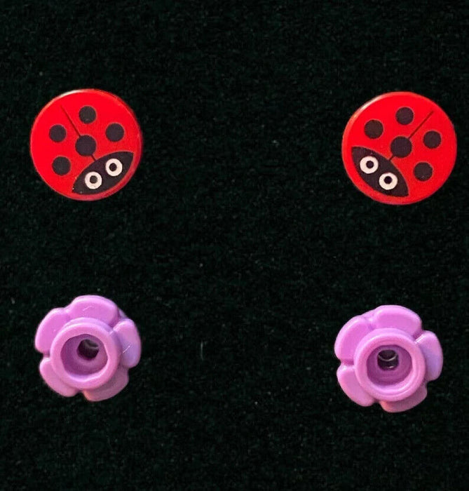 Brickohaulic 2 Pack Ladybug and Flower Earrings Handmade with LEGO® Bricks Parts